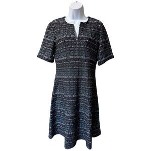 St. John Tweed Printed Midi Length A-Line Dress Split Notch V-Neck Size 4 Black
